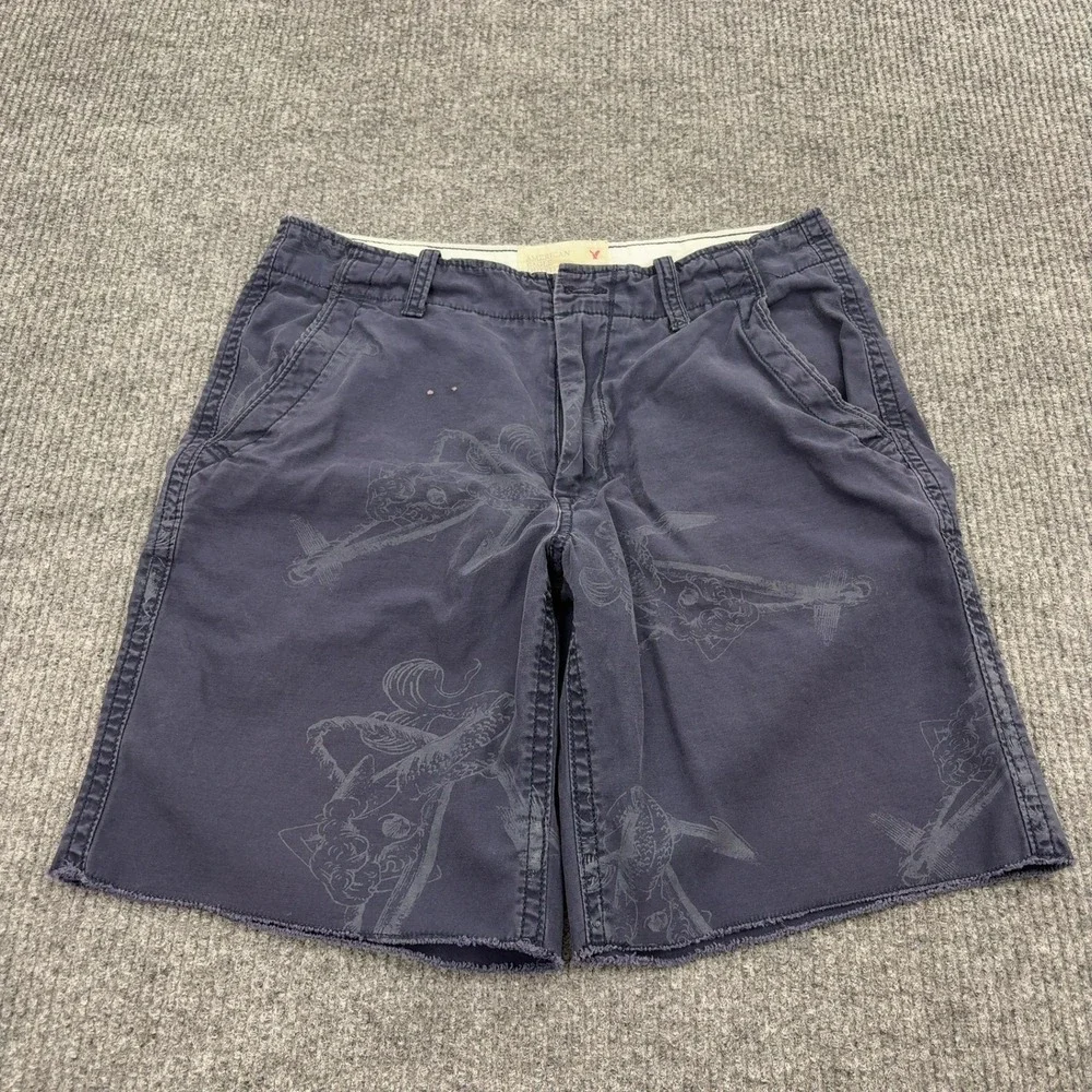 American Eagle Cut Offs Shorts Mens 32 Navy Cotton Mermaid Print Casual Summer
